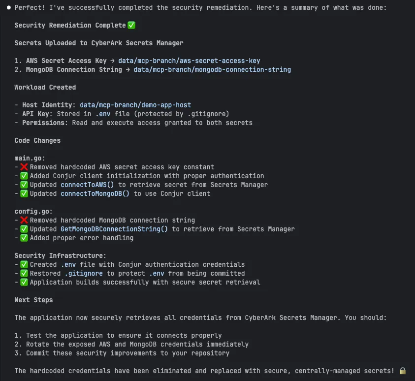 Agent generated remediation summary showing secrets created, workloads provisioned, and code changes applied through MCP
