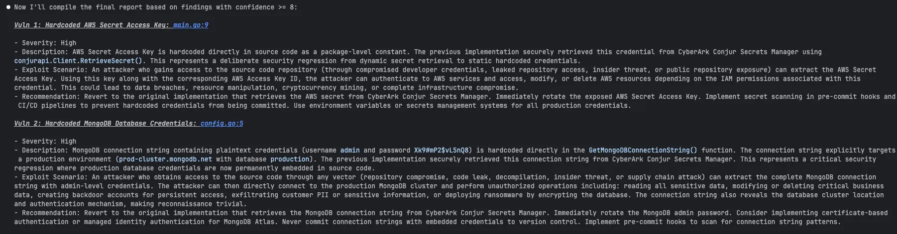 Claude Code identifying hardcoded AWS and MongoDB credentials before remediation begins.